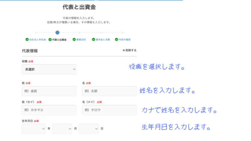 マネーフォワード 会社設立の流れ｜代表者の氏名入力